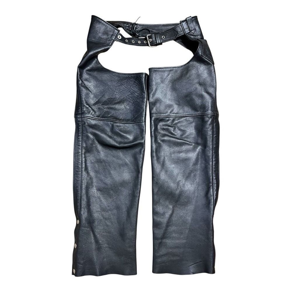 FMC Black Leather Motorcycle Chaps Zip Snap Leg Buckle Waist Back Tie Size M